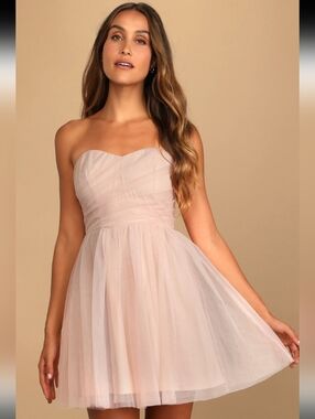 Lulus Just a Twirl Blush Pink Glitter Tulle Strapless Skater Dress Large